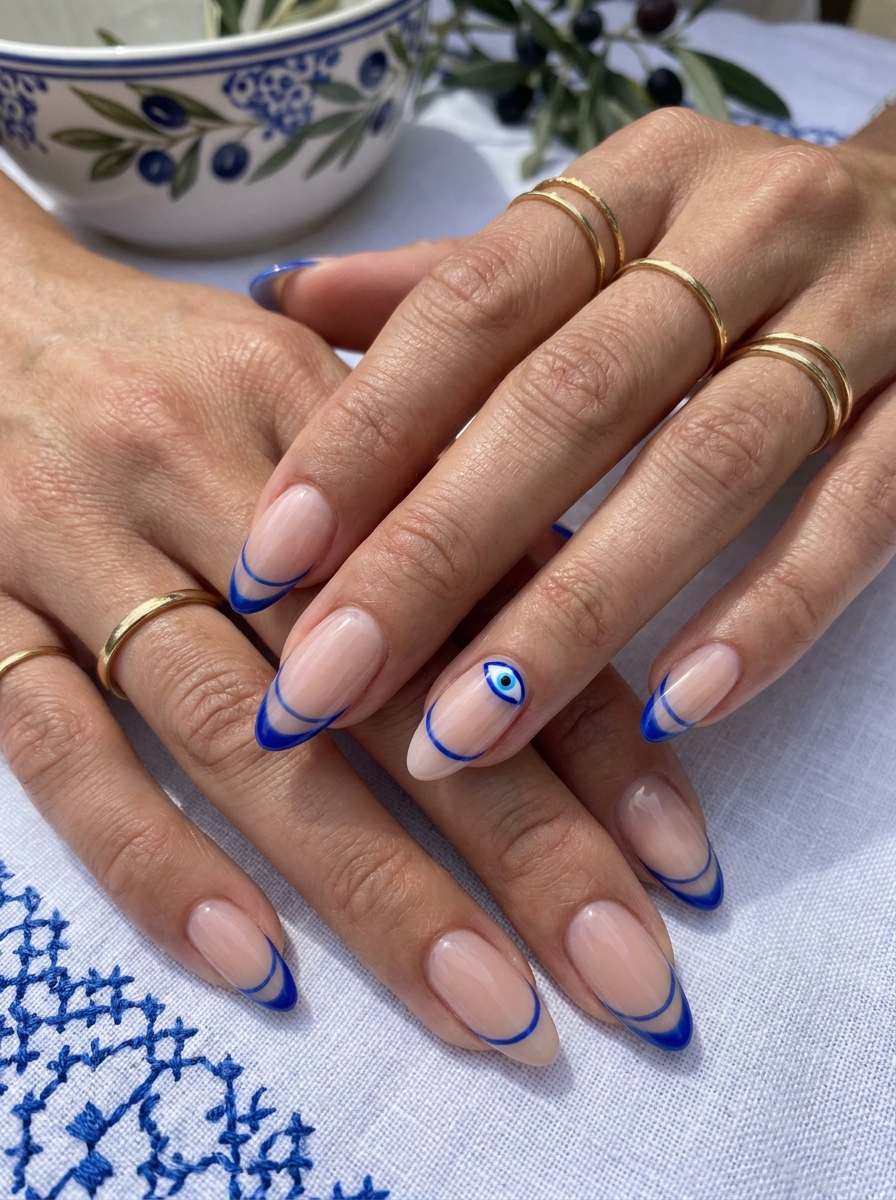 Evil Eye Nails mit blauen Akzenten auf neutraler Basis
